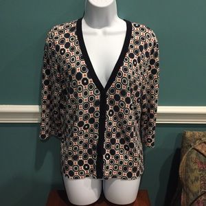 🛍️ Ann Taylor Cardigan, Black Geometric Print 3/4 length sleeves, Large